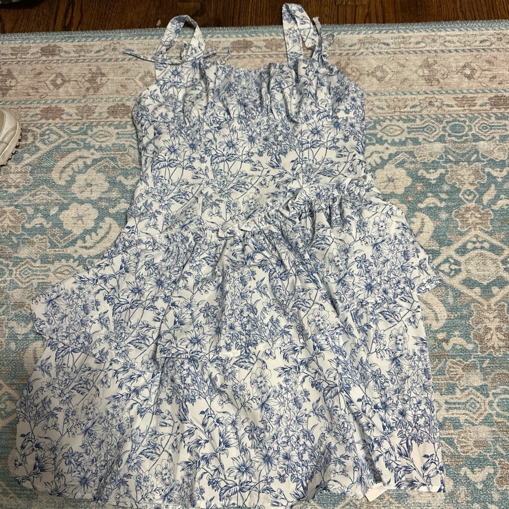 Blue and White Sleeveless Square Neck Midi Sundress